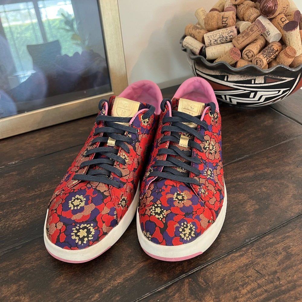 Cole Haan GrandPro Tennis Shoes Floral Brocade Gold Pink Women’s 10.5